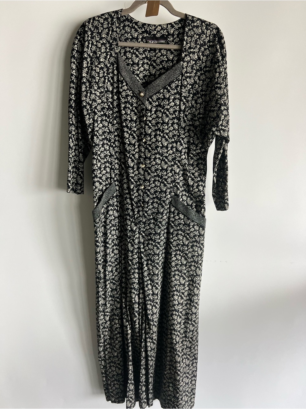 Vintage Black and White Floral Jumpsuit with Button Neck